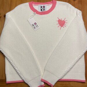 (SOLD) Kerri Rosenthal White & Pink Trim Heart Women's Cotton Sweater L NWT $198